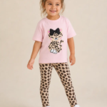 Ensemble Fillette Léopard – T-shirt Rose Poudré - Vêtement fille tendance Stylish Kids Tunisie