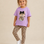 Ensemble Fillette Léopard – T-shirt Mauve Lilas - Vêtement fille tendance Stylish Kids Tunisie