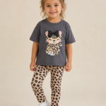 Ensemble Fillette Léopard – T-shirt Gris Anthracite - Vêtement fille tendance Stylish Kids Tunisie