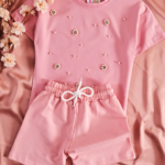 Détail tissu finitions et coupe Ensemble Rose Clair Perlé - Mode enfant Tunisie