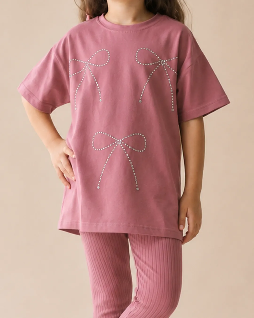 Ensemble Fille Rose Nœuds Strass hover