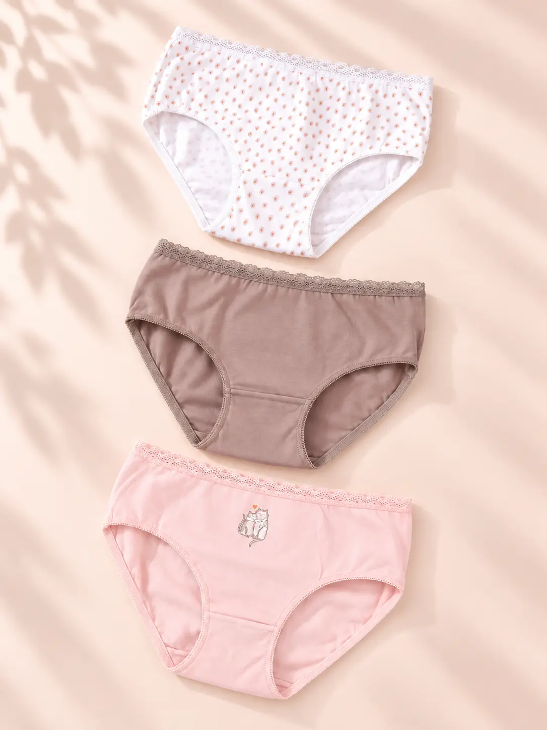 Pack 3 culottes fille coton rose poudré taupe et imprimé délicat - Mode enfant Tunisie Stylish Kids