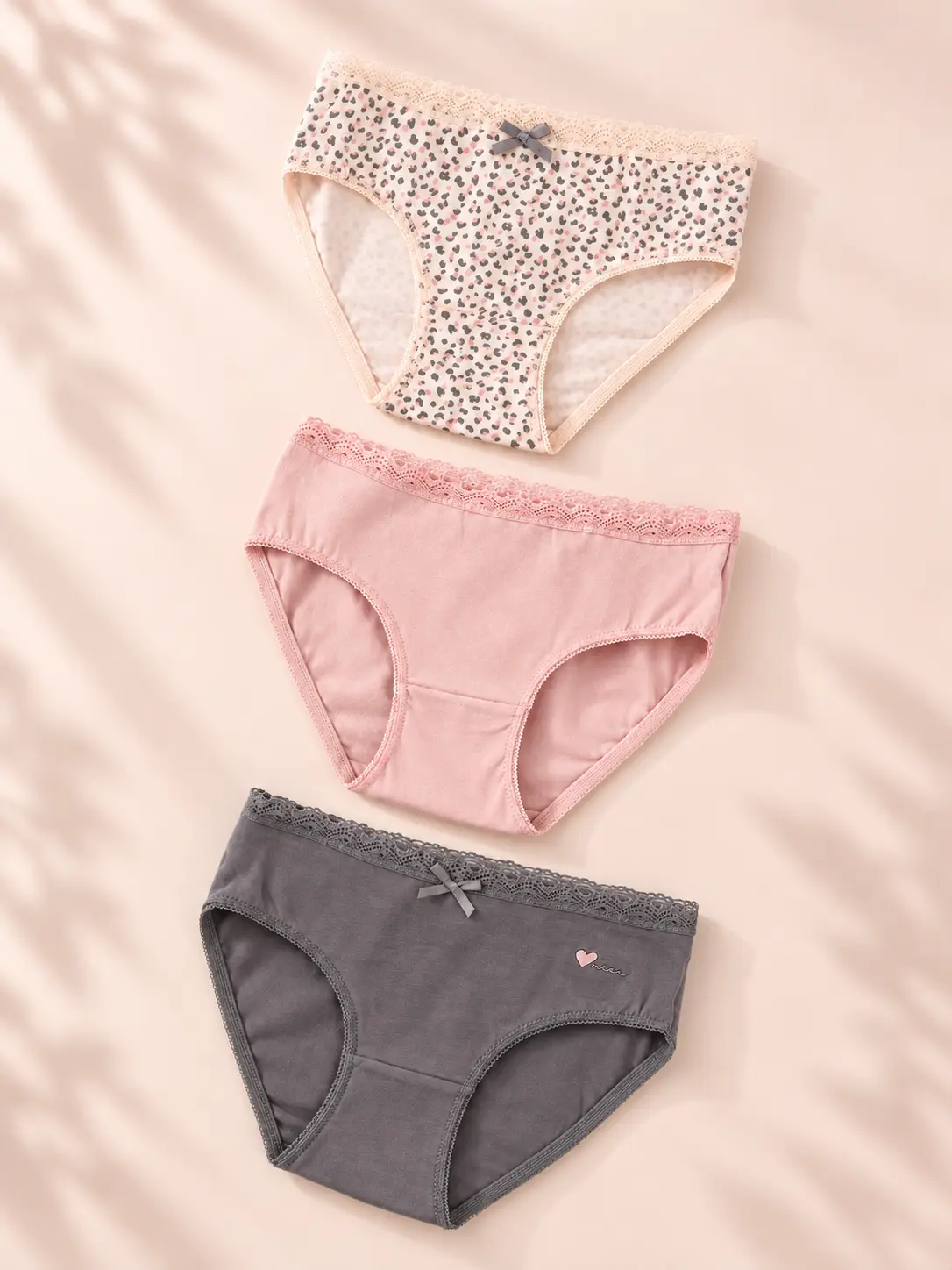 Pack 3 culottes fille coton rose poudré gris et léopard - Sous-vêtements enfant Tunisie Stylish Kids