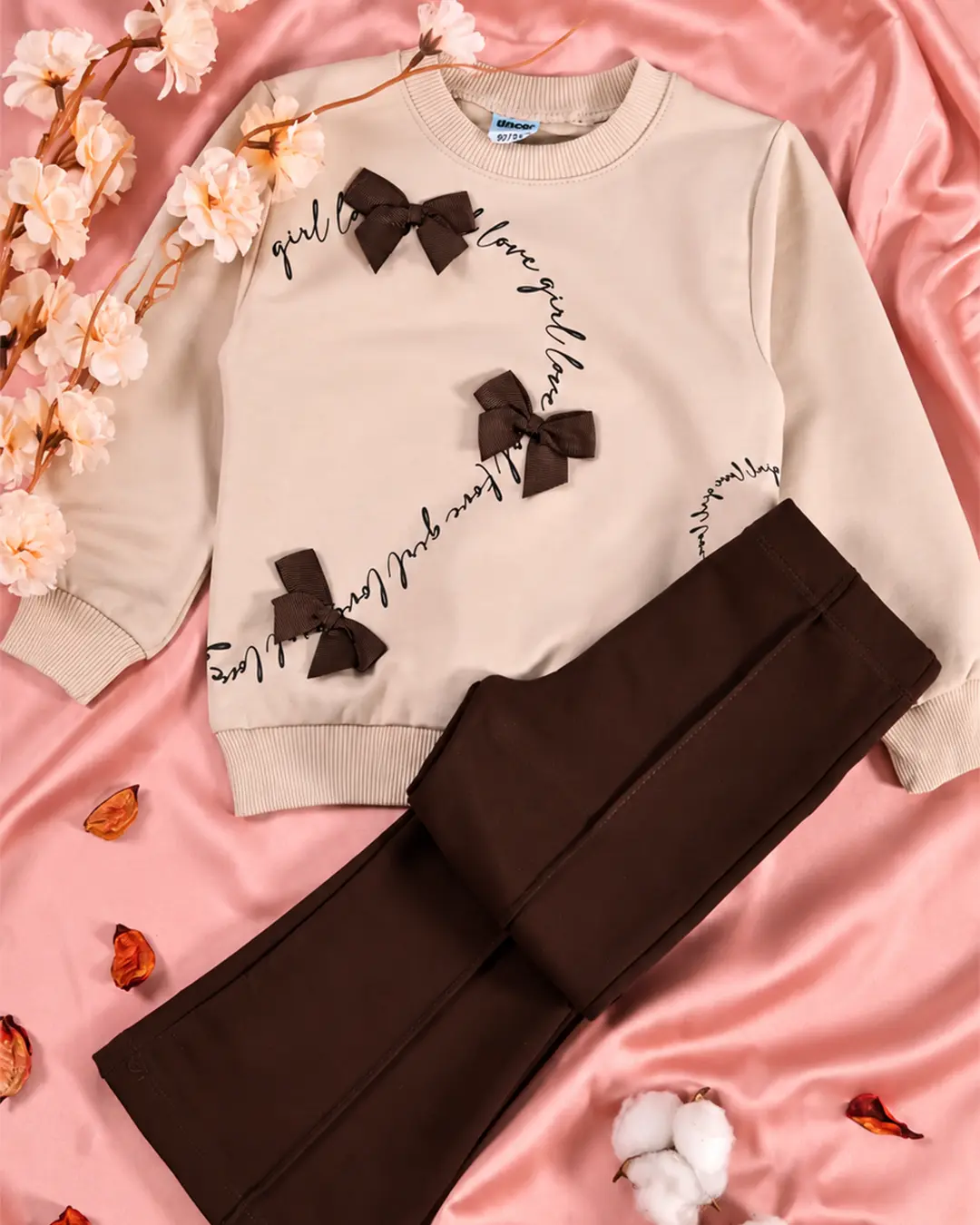 Ensemble fillette molleton non gratté beige nœuds marron en relief 3D - Mode fille Tunisie Stylish Kids