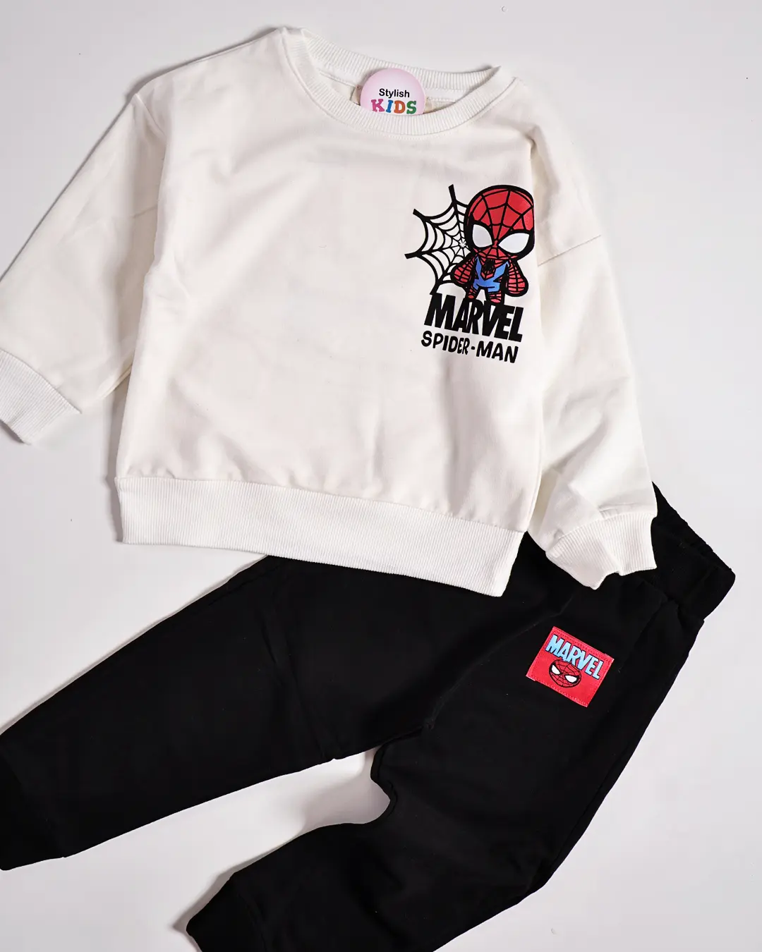Ensemble garçon molleton non gratté sweat écru Spider-Man et jogging noir - Vêtements enfant Tunisie Stylish Kids