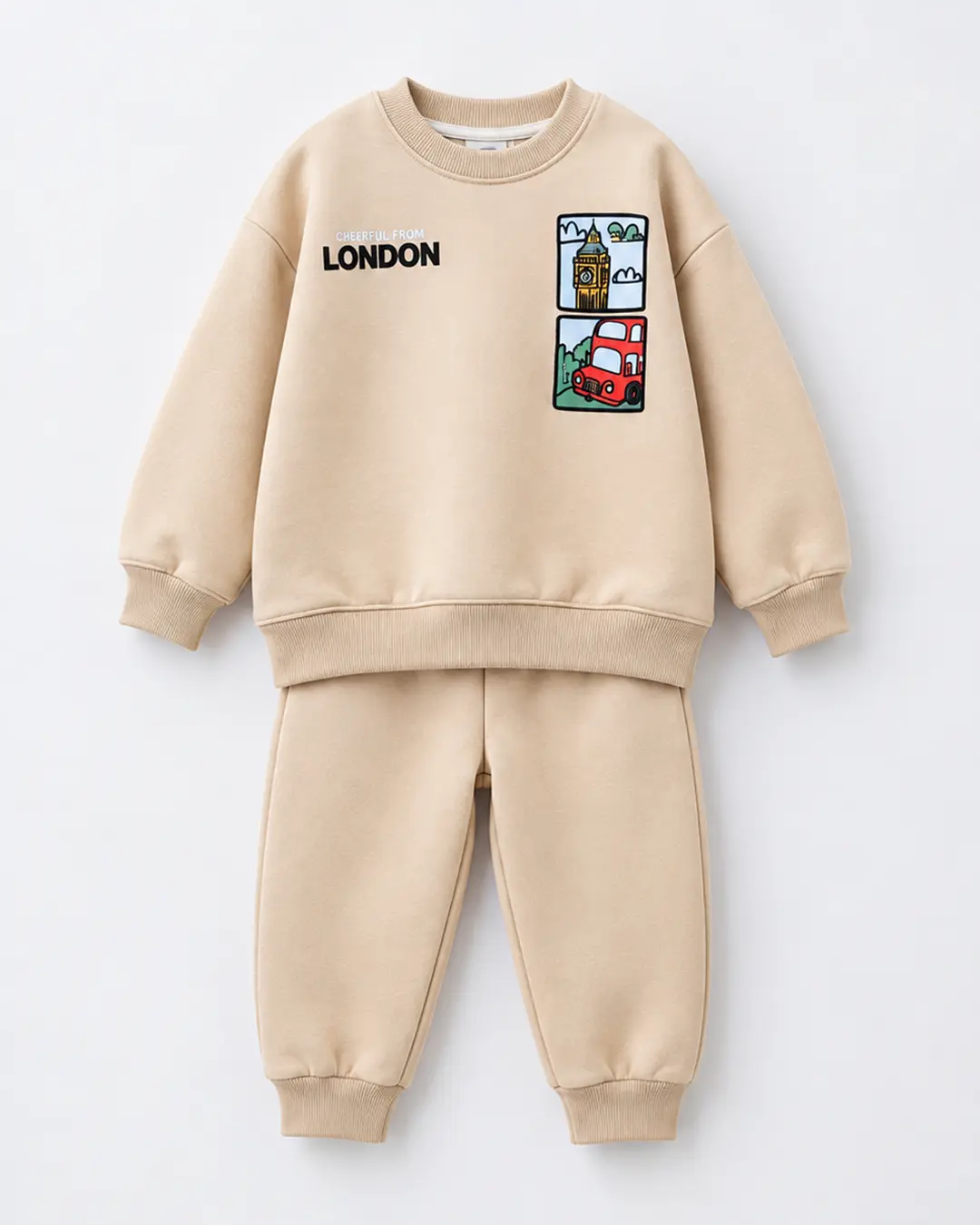 Ensemble garçon molleton non gratté beige imprimé London Bus - Vêtements enfant Tunisie Stylish Kids
