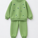 Ensemble fillette molleton non gratté vert sauge brodé fleurs - Vêtements fille Tunisie Stylish Kids
