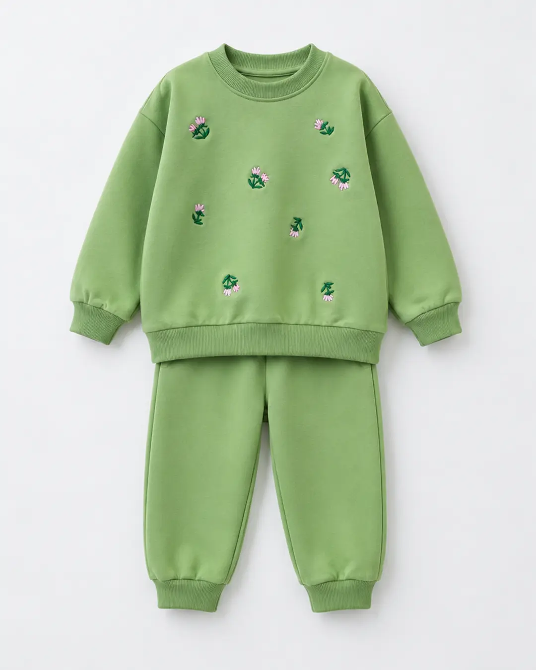 Ensemble fillette molleton non gratté vert sauge brodé fleurs - Vêtements fille Tunisie Stylish Kids