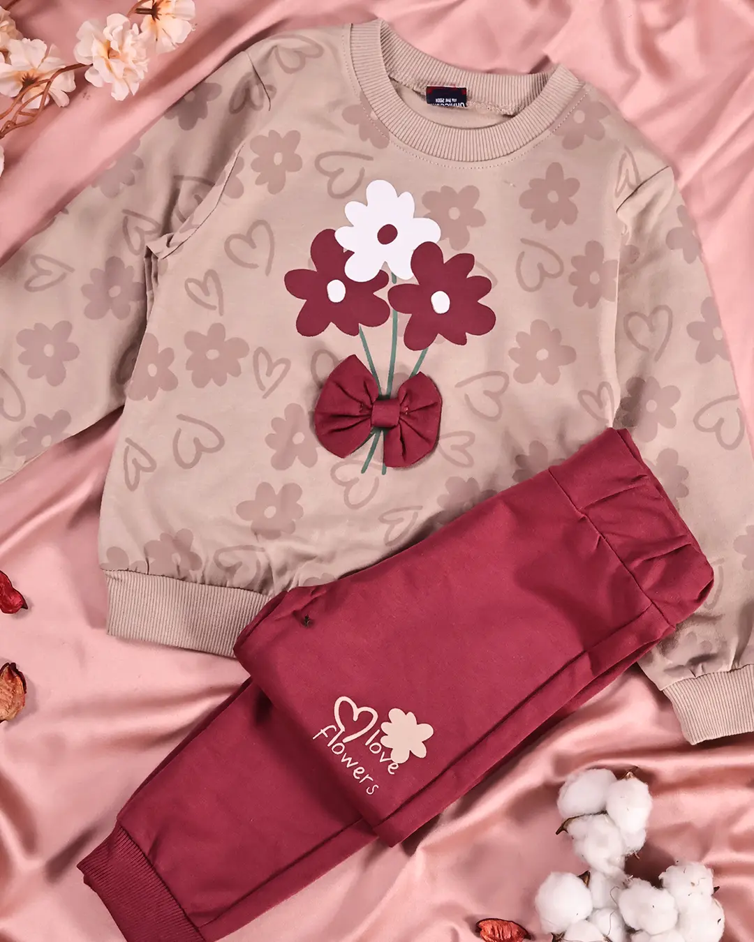 Ensemble fille molleton non gratté beige fleurs et pantalon bordeaux - Mode enfant Tunisie Stylish Kids