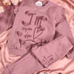 Ensemble fille molleton non gratté rose poudré sweat volants Super Love - Vêtements fille Tunisie Stylish Kids