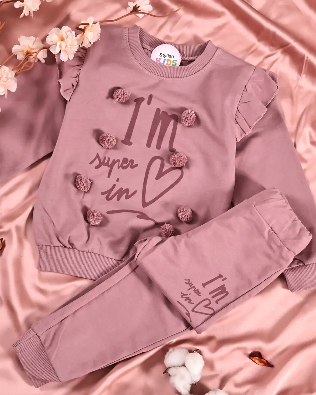 Ensemble fille molleton non gratté rose poudré sweat volants Super Love - Vêtements fille Tunisie Stylish Kids