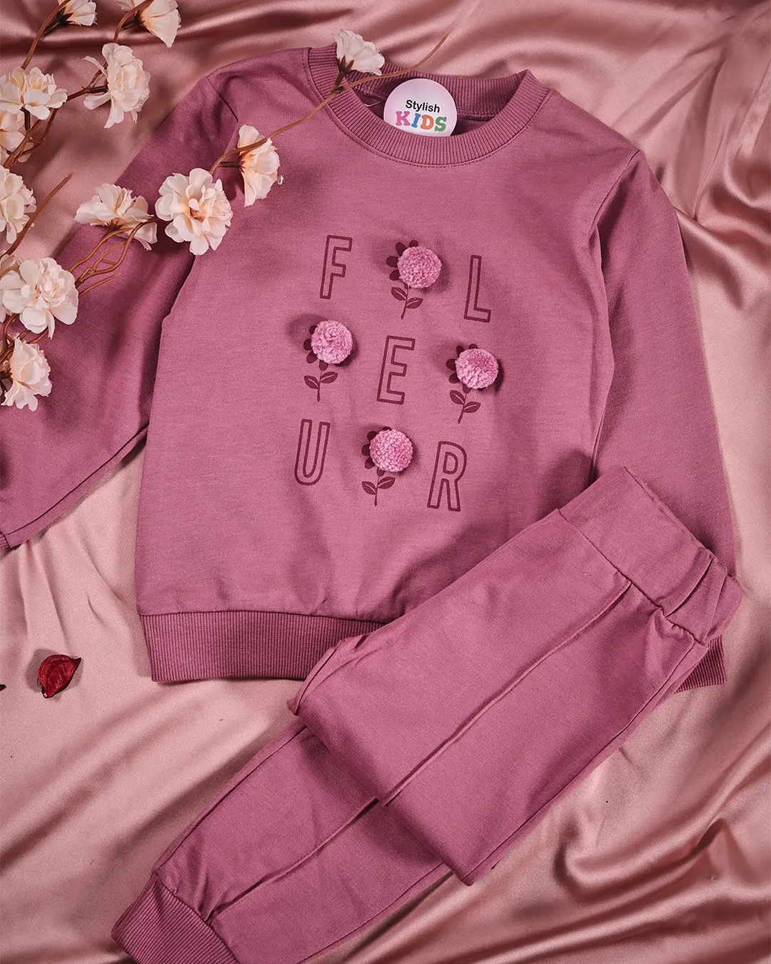 Ensemble Fille Molleton Fleurs Relief 3D Rose Poudre - Mode fille Tunisie Stylish Kids