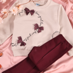 Ensemble fille molleton non gratté beige nœuds bordeaux en relief - Mode fille Tunisie Stylish Kids