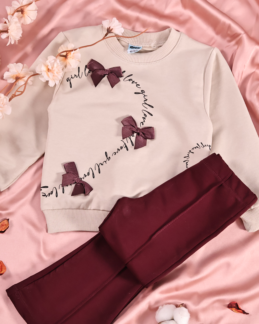 Ensemble fille molleton non gratté beige nœuds bordeaux en relief - Mode fille Tunisie Stylish Kids