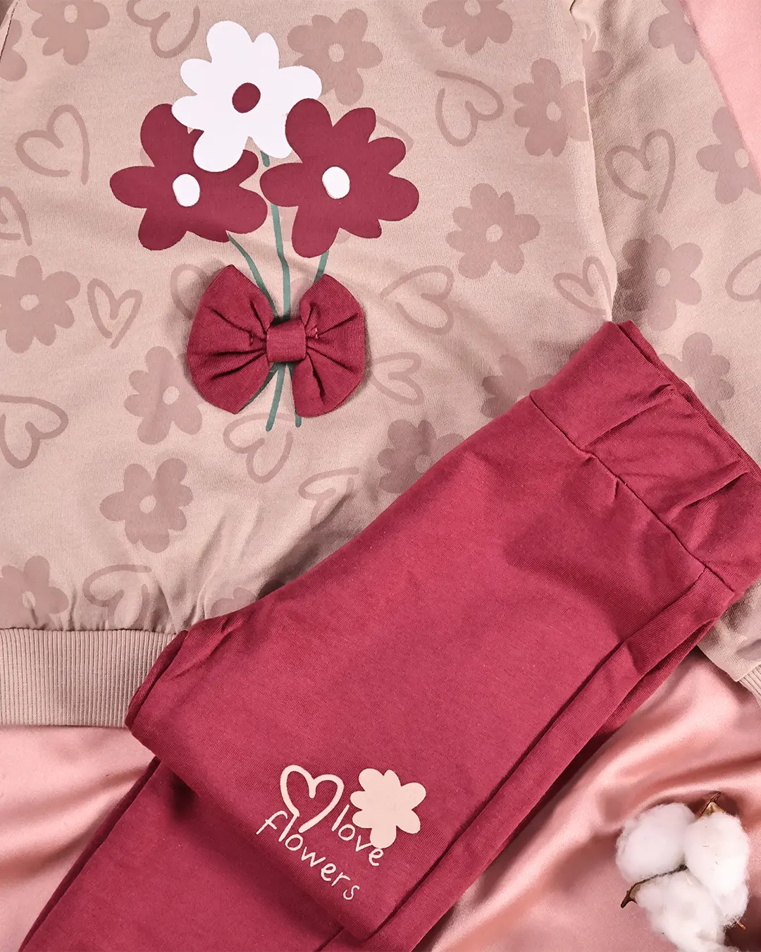 Détail nœud bordeaux en relief et sweat fleuri molleton fille - Stylish Kids Tunisie