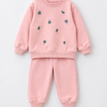 Ensemble fillette molleton non gratté rose clair fleurs brodées - Mode fille Tunisie Stylish Kids