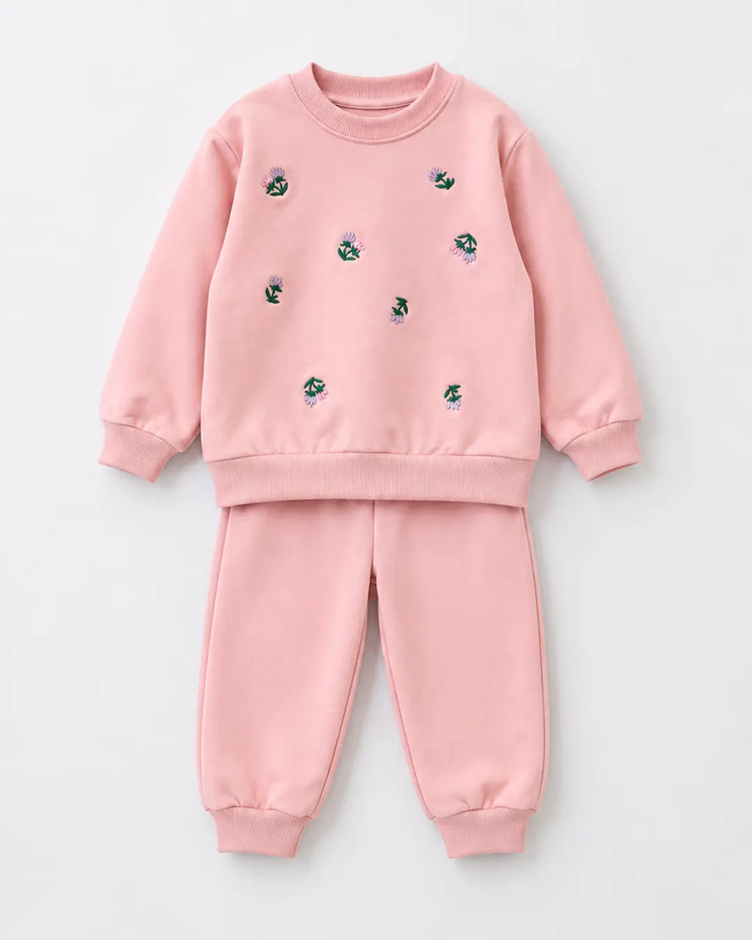 Ensemble fillette molleton non gratté rose clair fleurs brodées - Mode fille Tunisie Stylish Kids