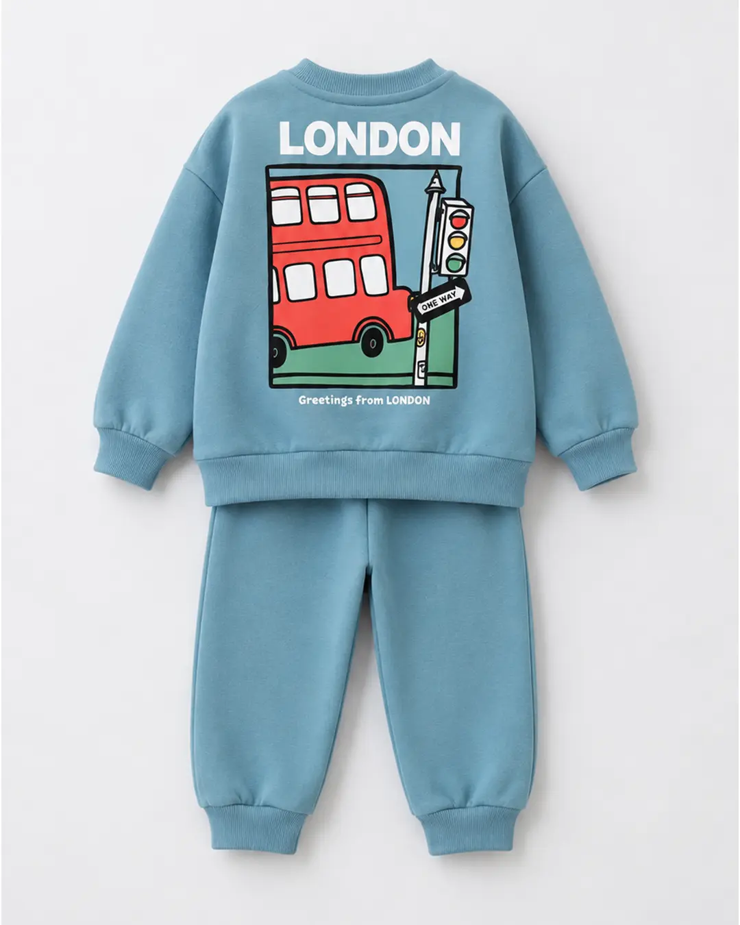Détail motif dos bus londonien sweat bleu garçon - Stylish Kids Tunisie