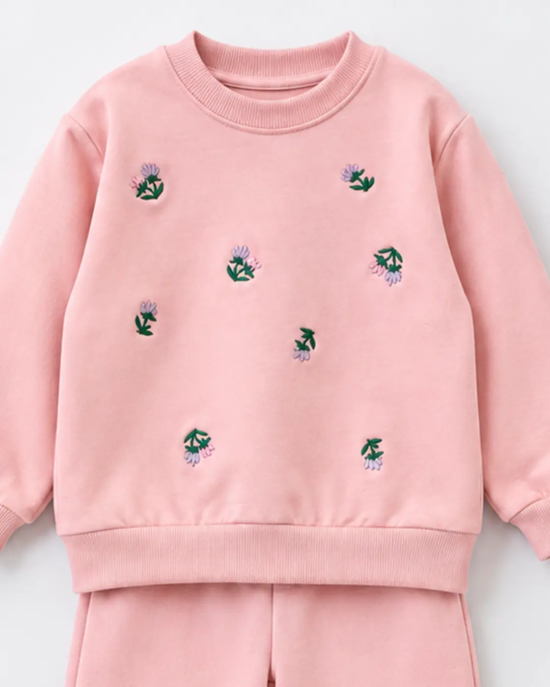 Détail fleurs brodées sweat rose clair molleton fille - Stylish Kids Tunisie