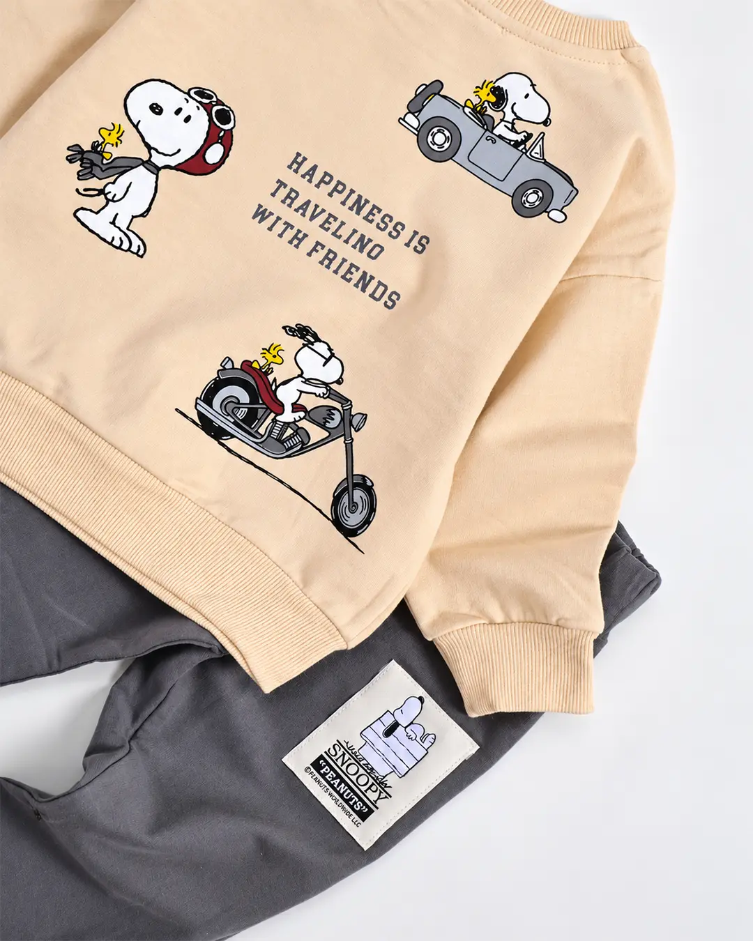 Ensemble Garcon Snoopy Beige et Gris vue pull et broderie - Stylish Kids Tunisie