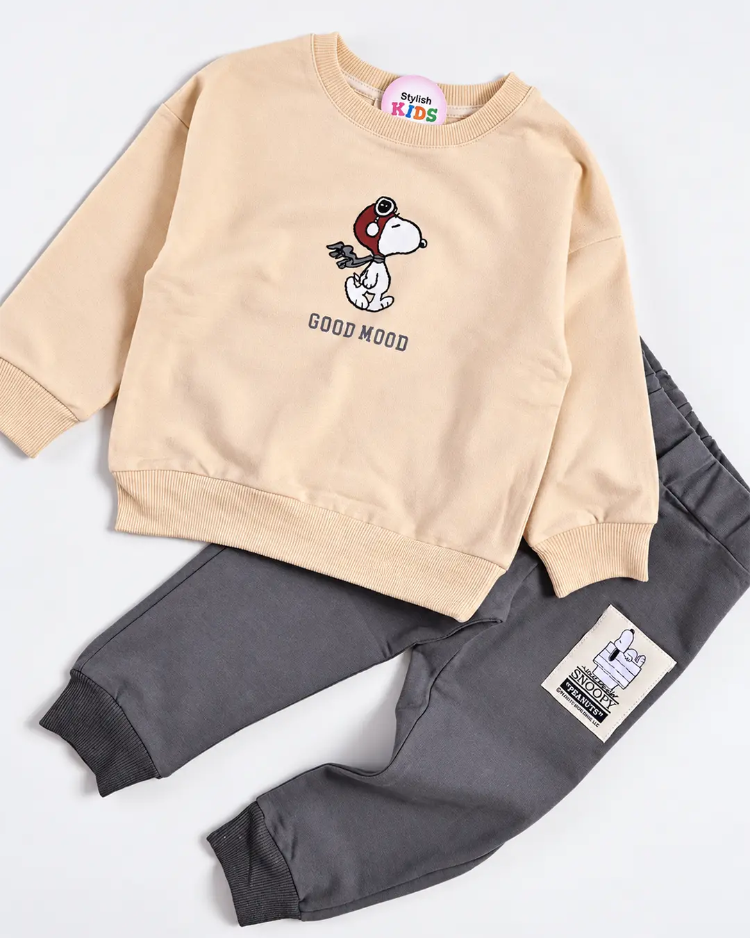 Ensemble Garcon Molleton Snoopy Beige et Gris - Mode enfant Tunisie Stylish Kids