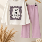 Ensemble fillette haut blanc fleurs en relief lilas et pantalon évasé lilas - Vêtements enfant Tunisie Stylish Kids
