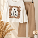 Ensemble fillette haut blanc fleurs en relief beige et pantalon évasé beige - Mode fille Tunisie Stylish Kids