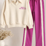 Ensemble fille 100% coton sweat écru col polo et pantalon fuchsia Smart Cool - Mode fille Tunisie Stylish Kids