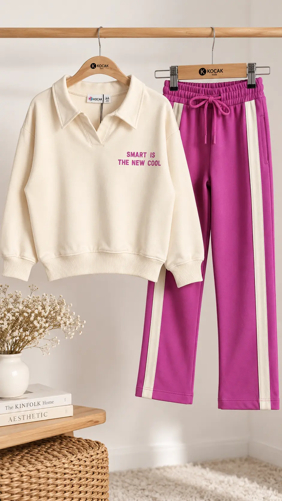 Ensemble fille 100% coton sweat écru col polo et pantalon fuchsia Smart Cool - Mode fille Tunisie Stylish Kids