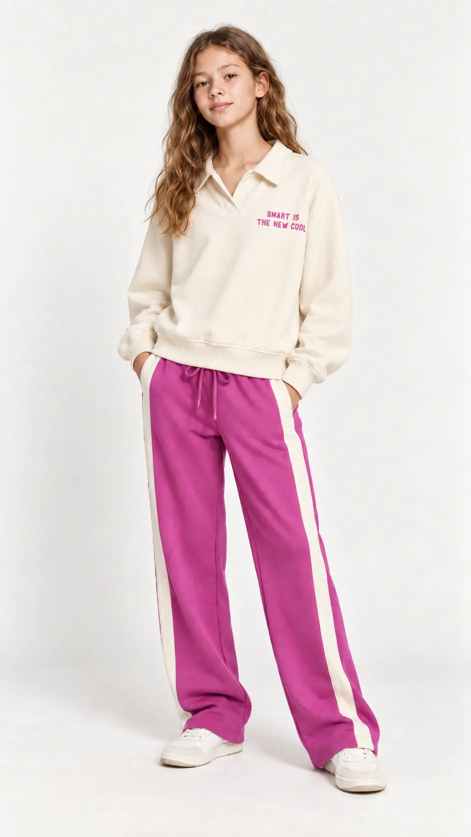 Détail pantalon fuchsia à bandes latérales écrues fille - Stylish Kids Tunisie