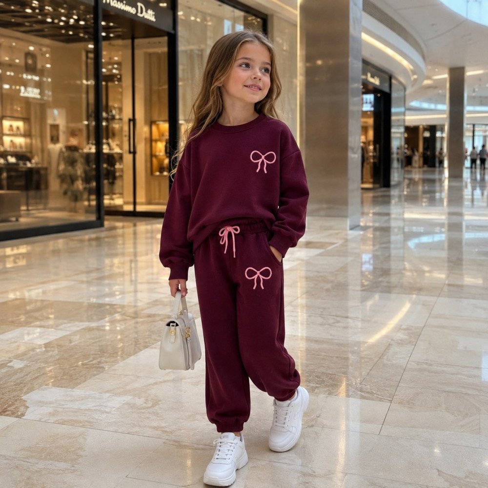Ensemble fille 100% coton molleton sweat prune avec nœud brodé rose et jogging assorti - Stylish Kids Tunisie