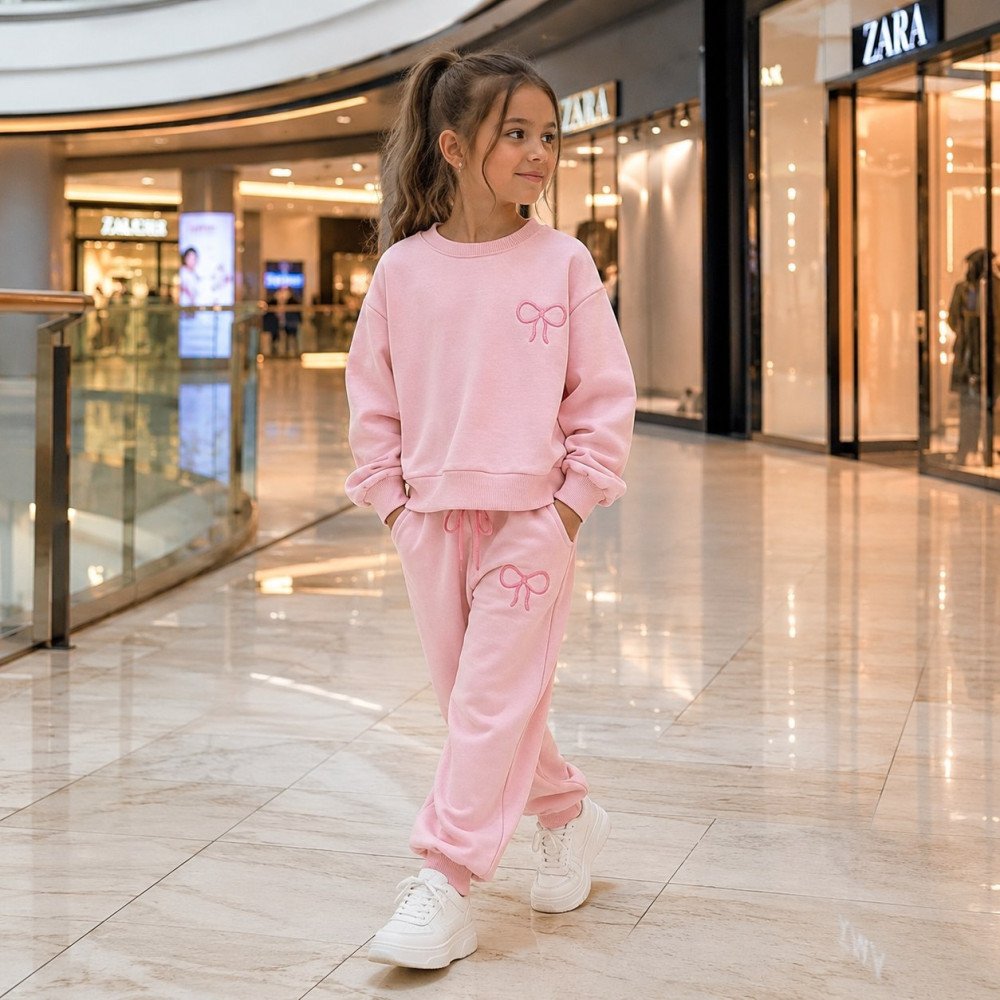 Ensemble fille 100% coton molleton sweat rose poudré petit nœud brodé et jogging - Stylish Kids Tunisie