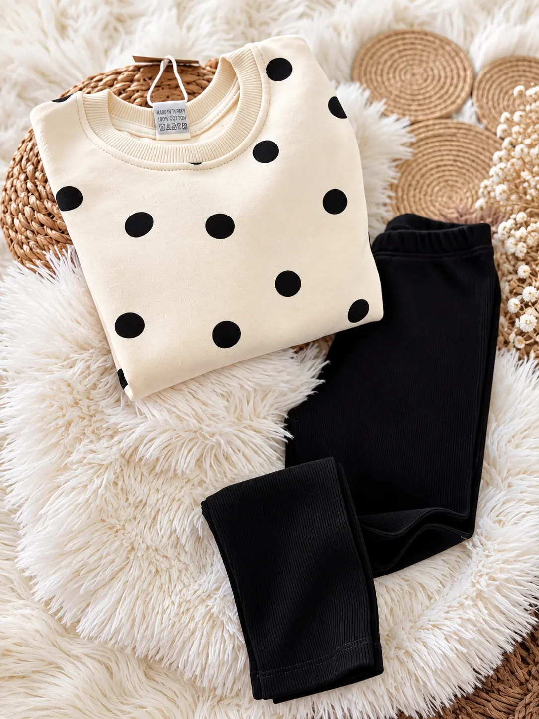 Ensemble enfant crème à pois noirs et pantalon évasé noir 100% coton - Stylish Kids Tunisie