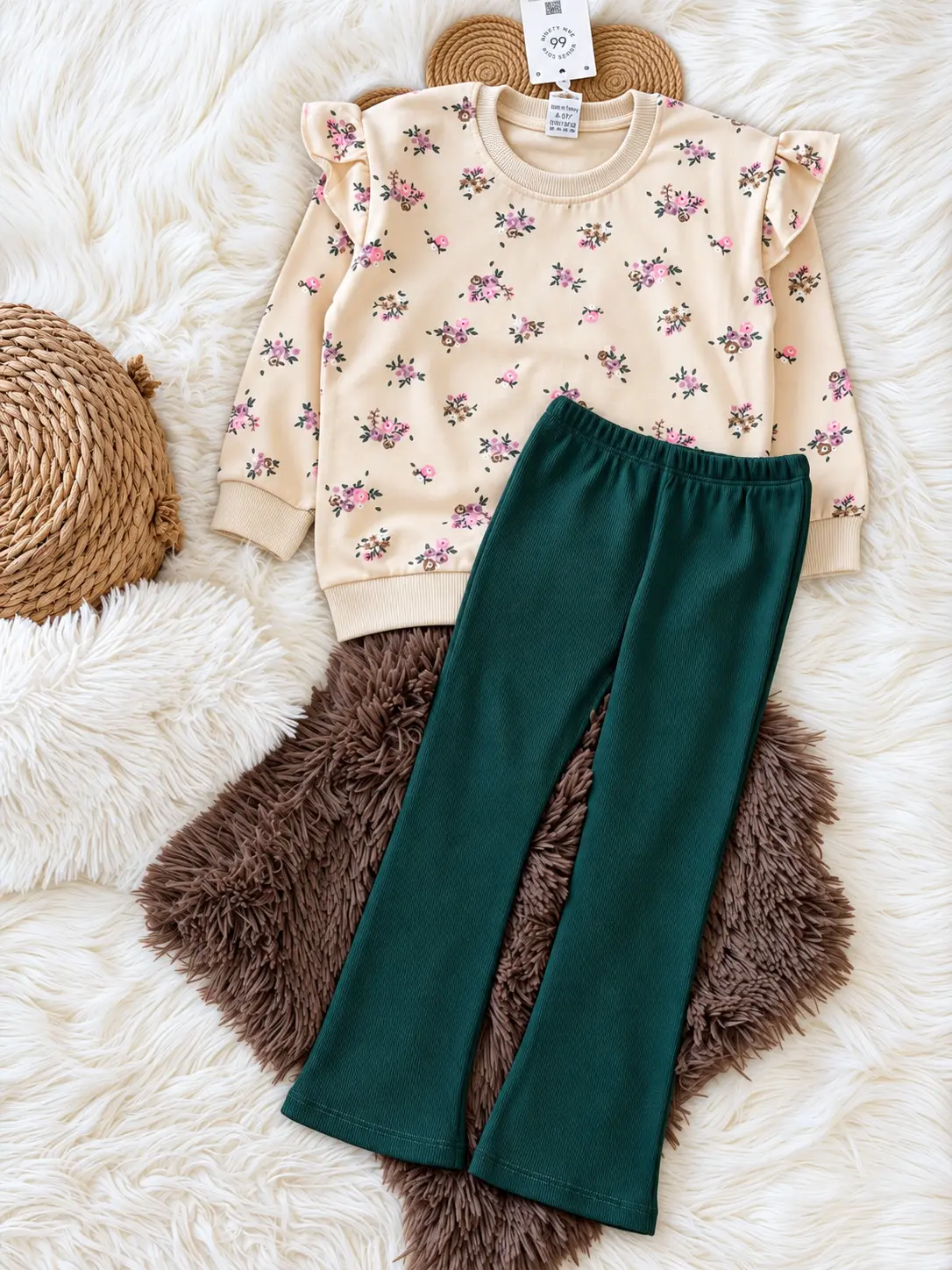 Détail pantalon fluide vert sapin évasé et sweat fleuri fille - Stylish Kids Tunisie
