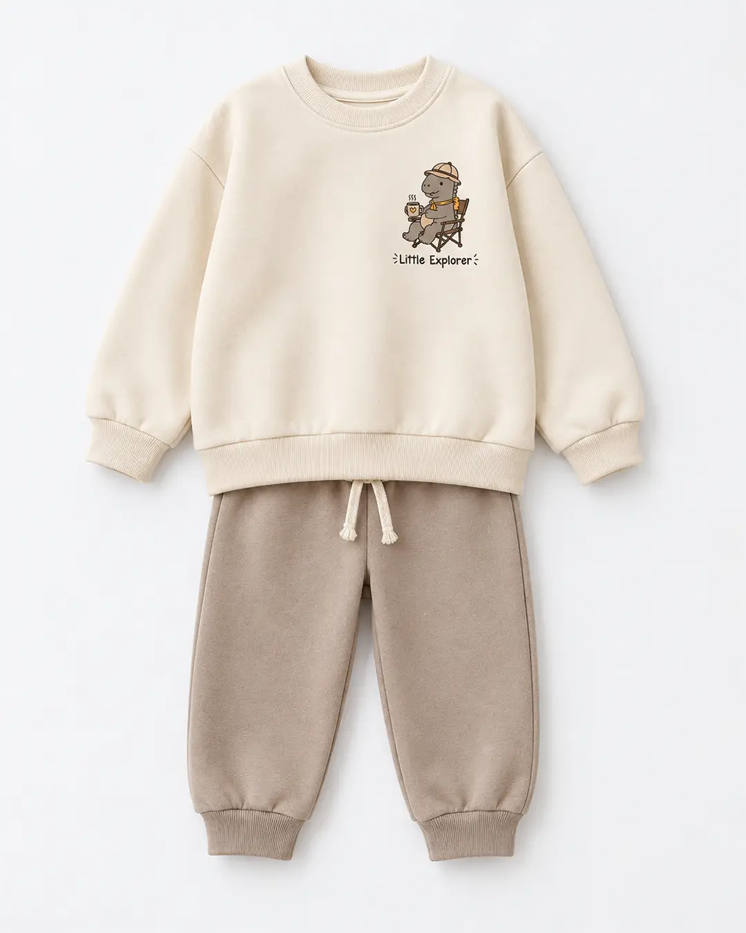 Ensemble garçon molleton non gratté 100% coton écru Little Explorer et pantalon taupe - Mode enfant Tunisie Stylish Kids