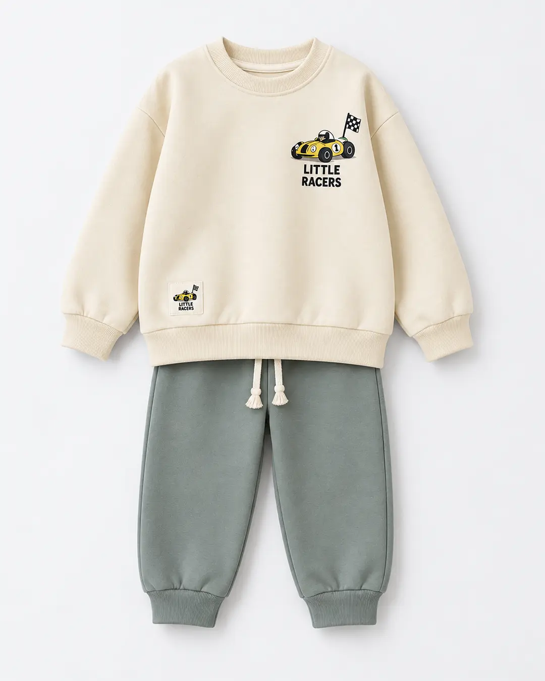 Ensemble garçon molleton non gratté 100% coton écru Little Racers et pantalon vert gris - Stylish Kids Tunisie
