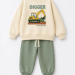 Ensemble garçon molleton non gratté 100% coton écru pelleteuse Digger et jogging vert sauge - Stylish Kids Tunisie