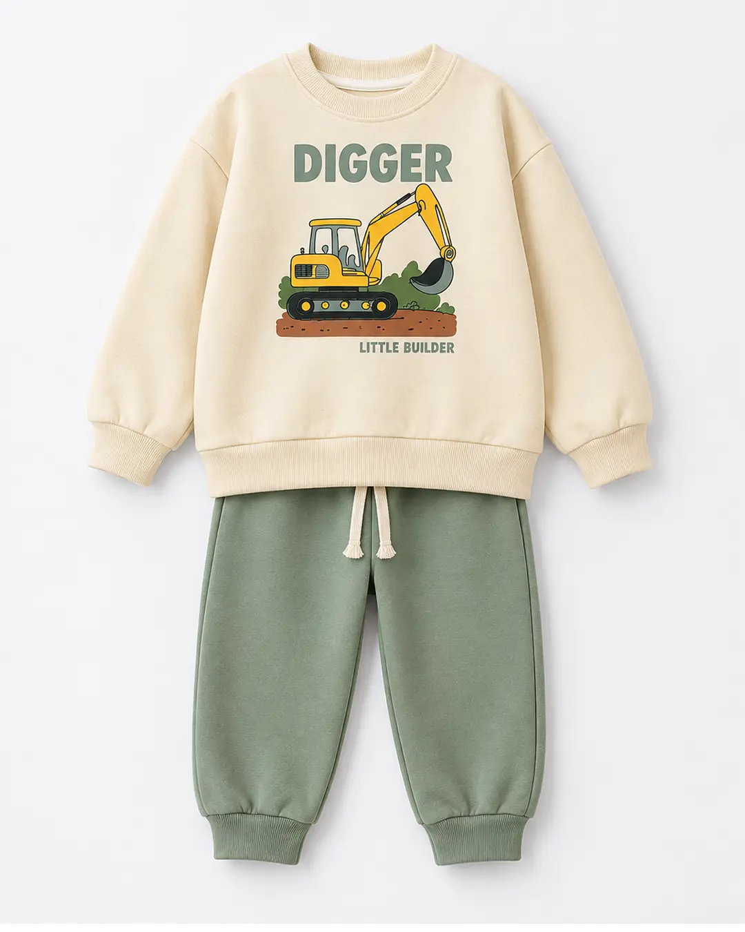 Ensemble garçon molleton non gratté 100% coton écru pelleteuse Digger et jogging vert sauge - Stylish Kids Tunisie