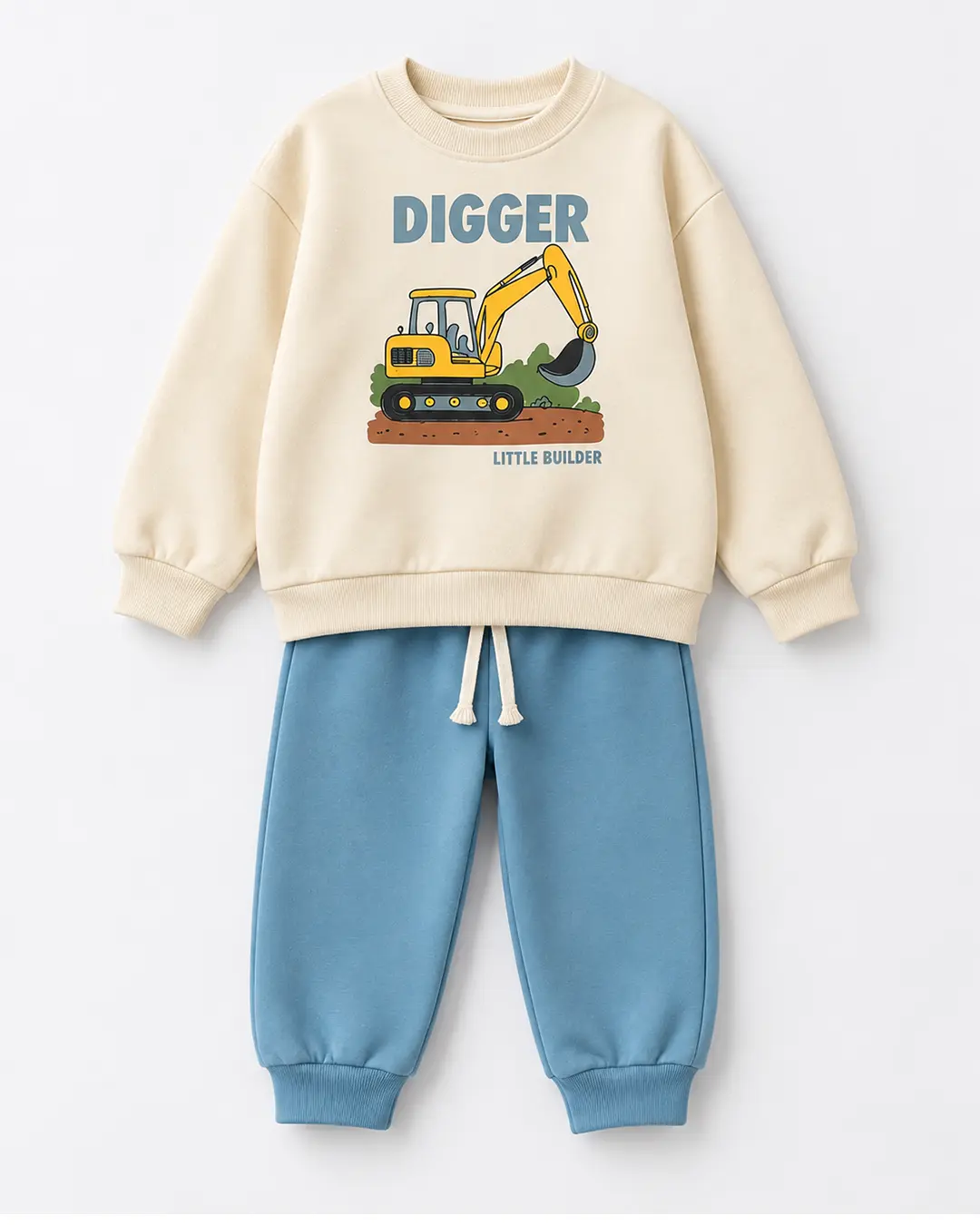 Ensemble garçon molleton non gratté 100% coton écru Digger pelleteuse et pantalon bleu ciel - Vêtements garçon Tunisie