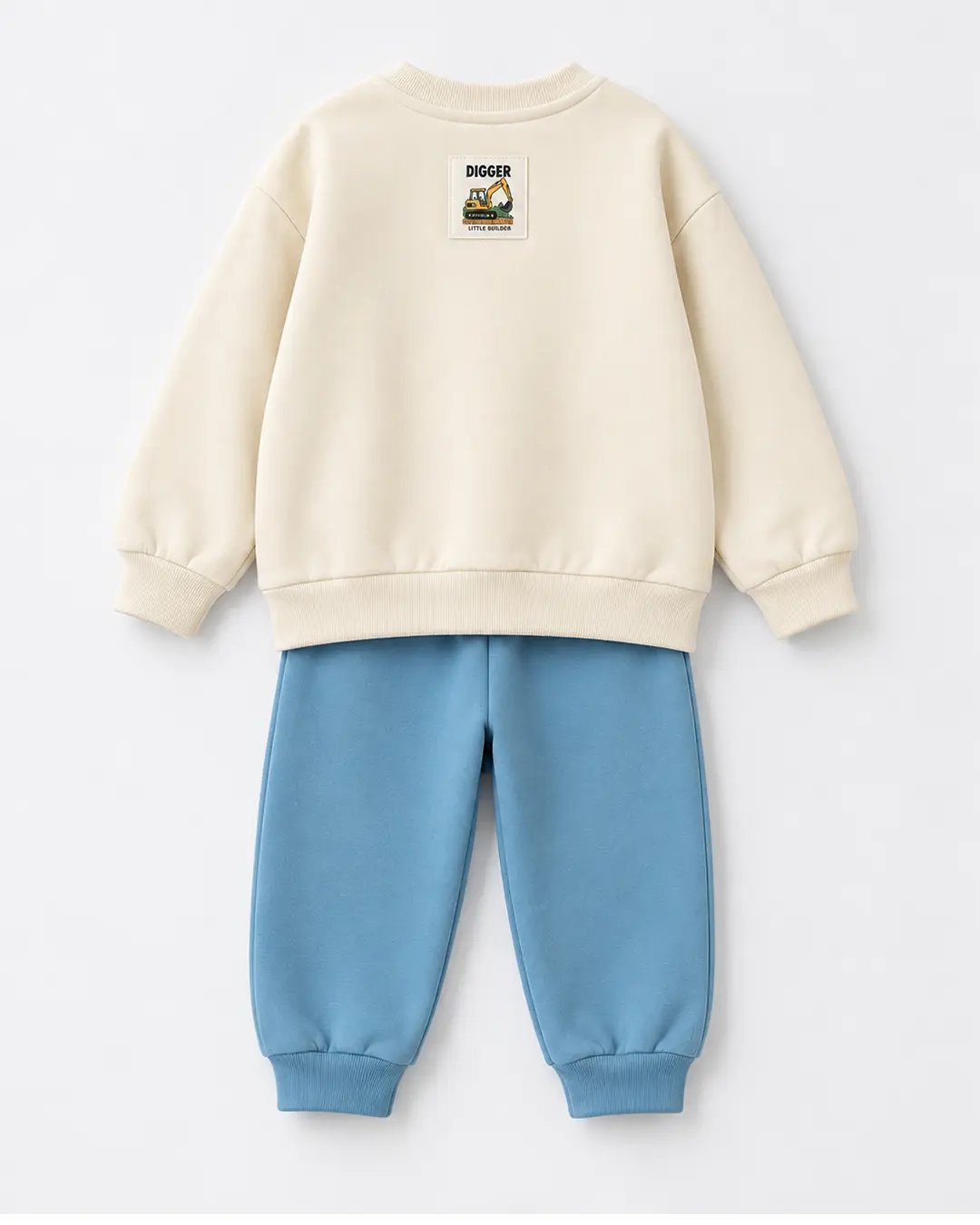 Détail pantalon bleu ciel et sweat écru Digger Little Builder - Stylish Kids Tunisie