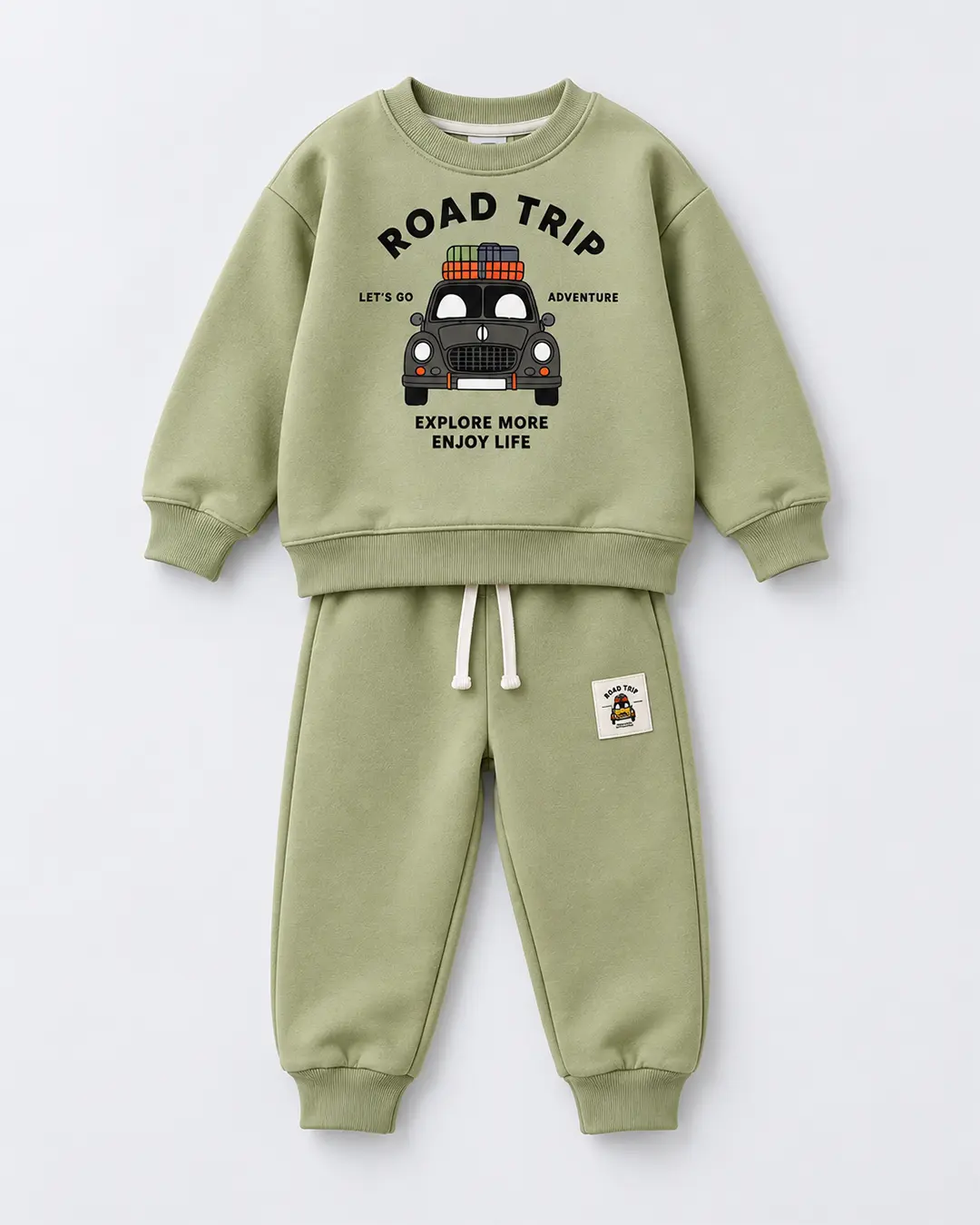 Ensemble garçon molleton non gratté 100% coton vert sauge Road Trip voiture et jogging - Stylish Kids Tunisie