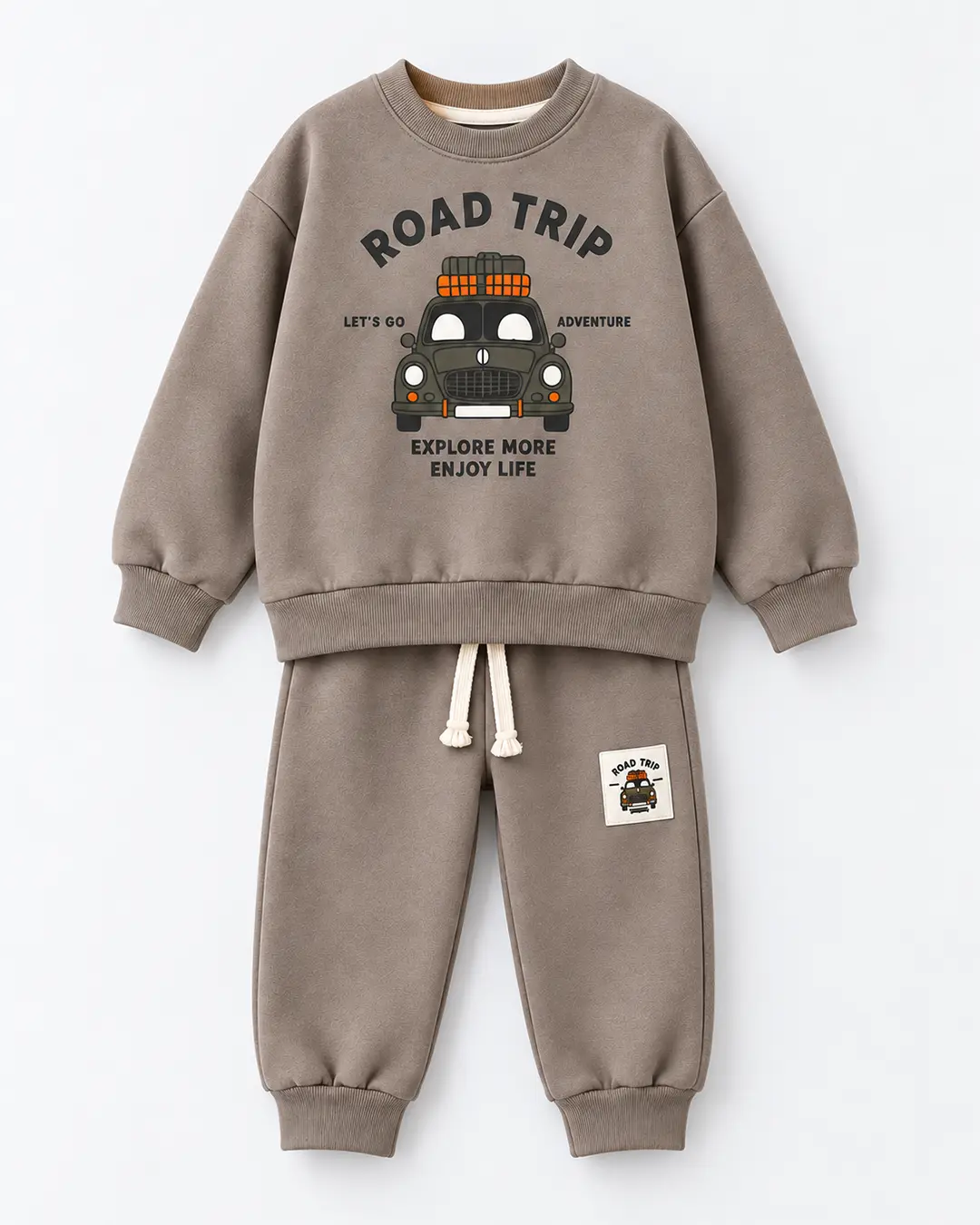 Ensemble garçon molleton non gratté 100% coton taupe Road Trip voiture et pantalon - Stylish Kids Tunisie