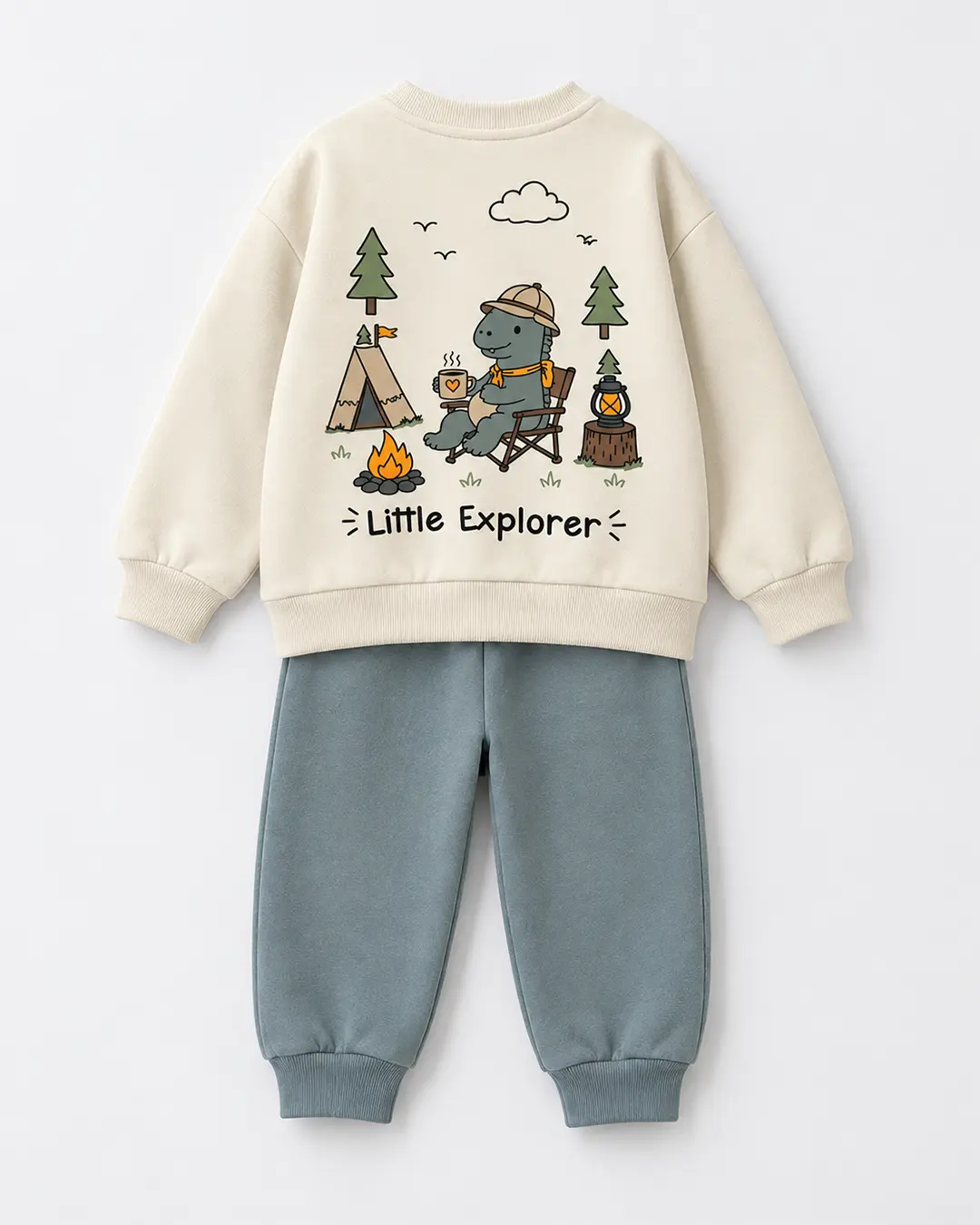 Détail motif dos sweat écru camping et pantalon jogging bleu gris garçon - Stylish Kids Tunisie