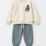Ensemble garçon molleton non gratté 100% coton écru Little Explorer et jogging bleu gris - Vêtements enfant Tunisie Stylish Kids