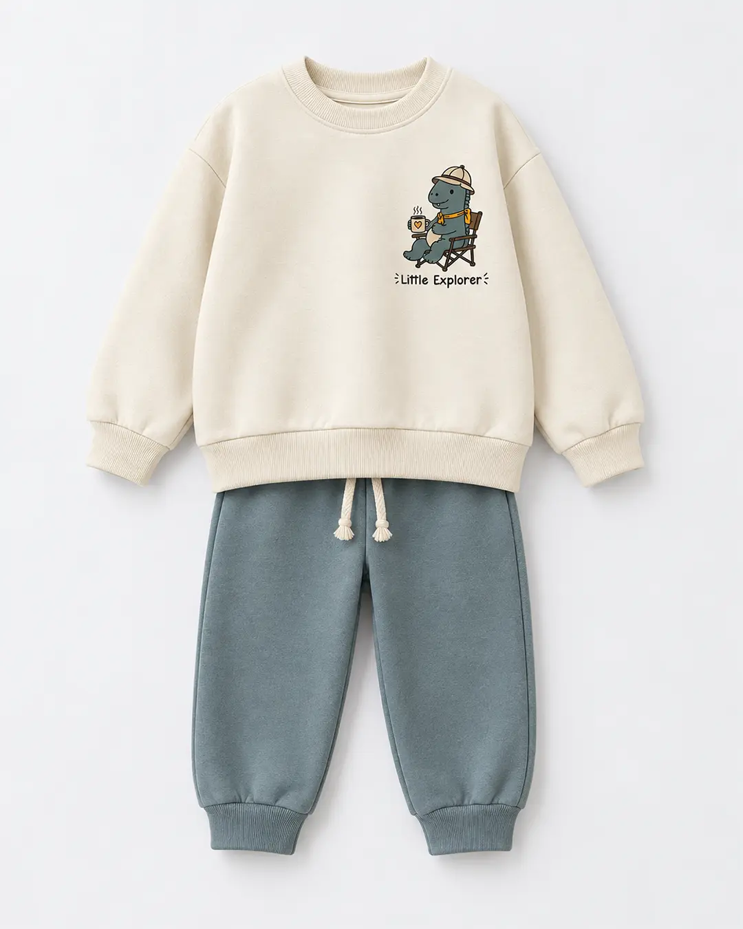 Ensemble garçon molleton non gratté 100% coton écru Little Explorer et jogging bleu gris - Vêtements enfant Tunisie Stylish Kids