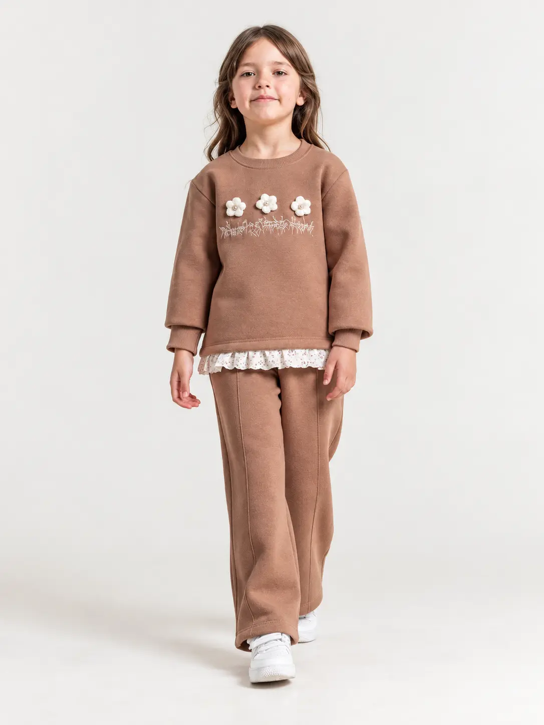 Ensemble fille molleton sweat marron avec fleurs 3D et volant - Stylish Kids Tunisie