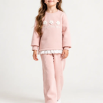 Ensemble fille molleton fleuri rose poudré fleurs en relief et volant - Stylish Kids Tunisie