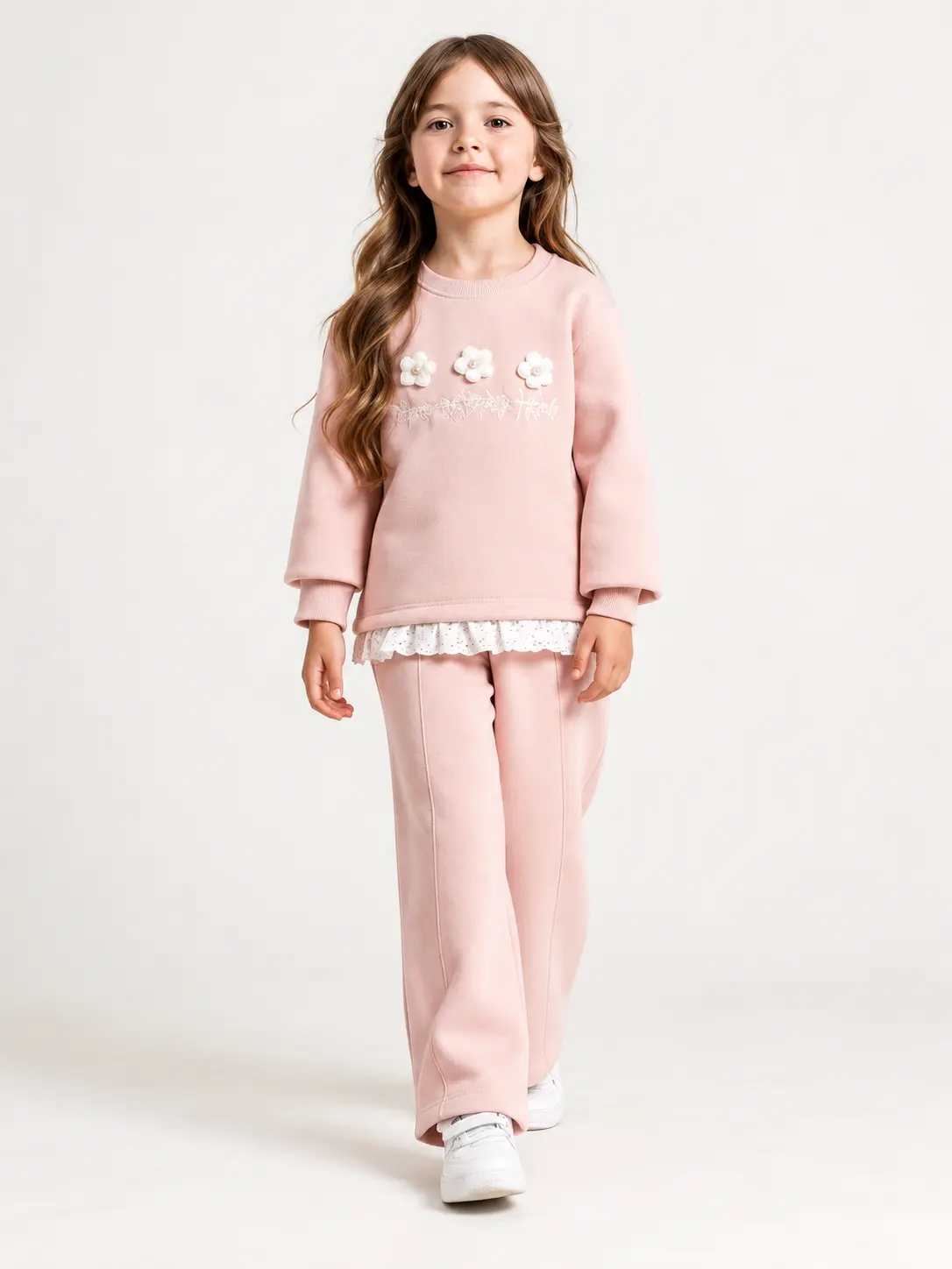 Ensemble fille molleton fleuri rose poudré fleurs en relief et volant - Stylish Kids Tunisie