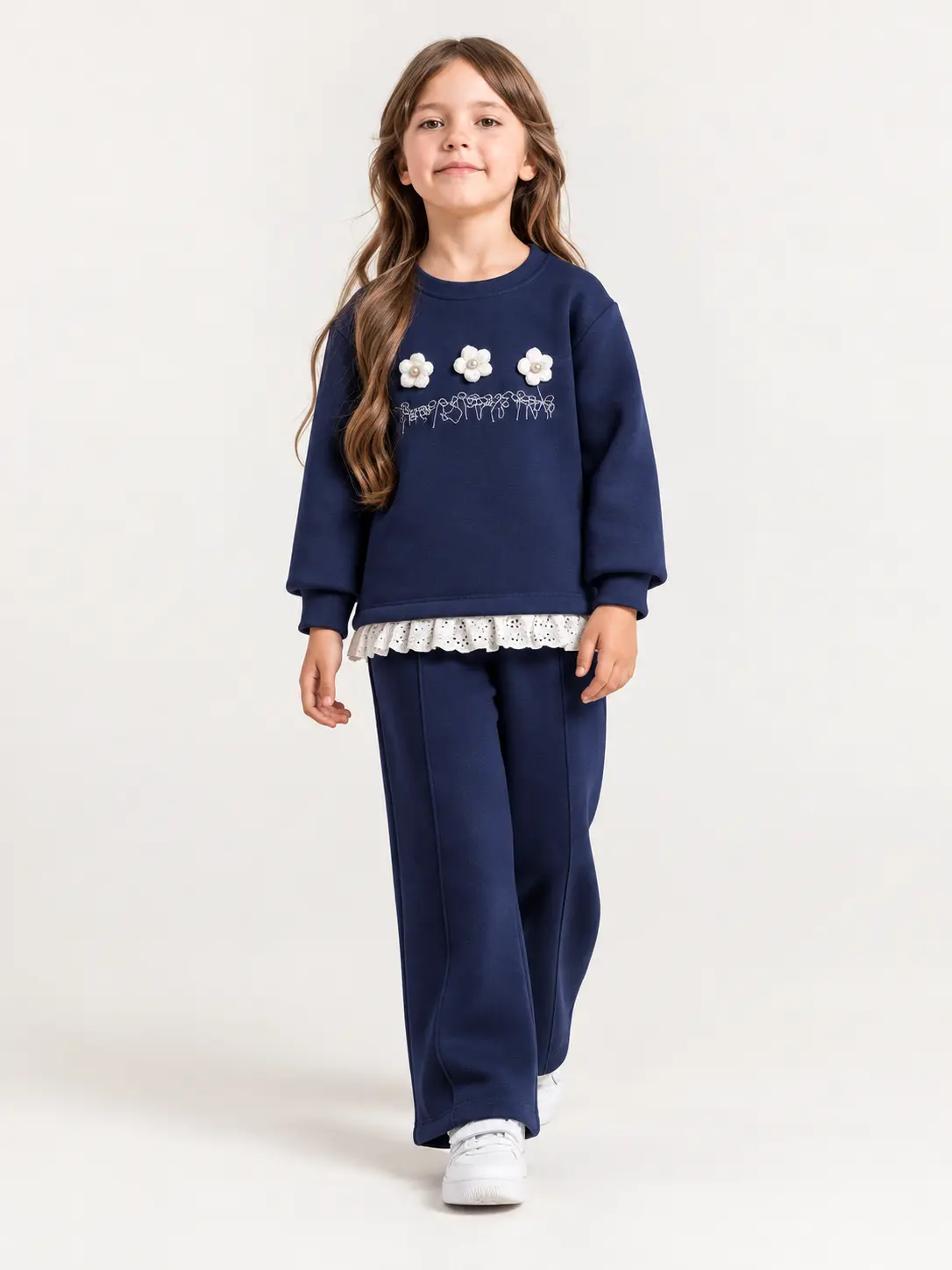 Ensemble fille molleton sweat bleu marine avec fleurs 3D et volant blanc - Stylish Kids Tunisie