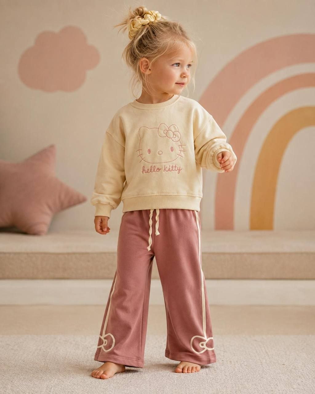 Détail broderie Hello Kitty sweat écru fille - Stylish Kids Tunisie